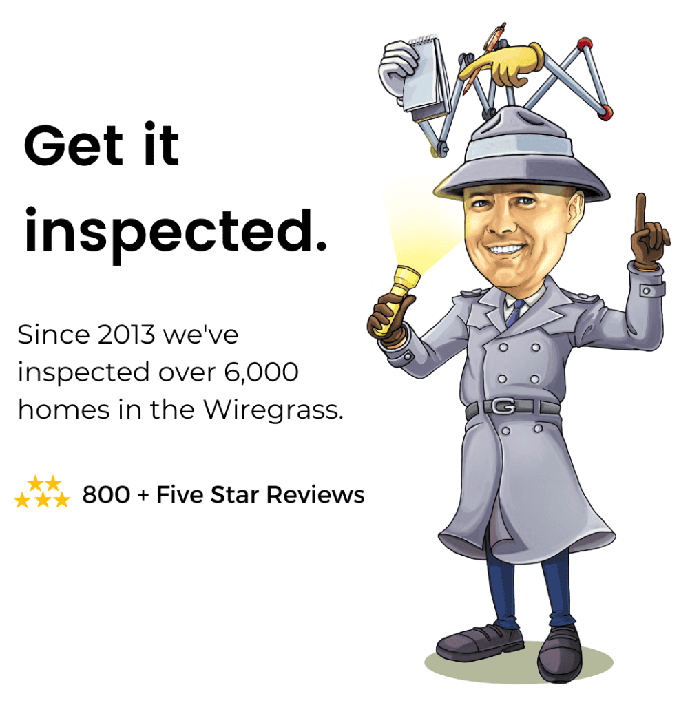 Cornerstone Home Inspectors mascot inspector with flashlight promoting home inspections in Dothan, Ozark, Eufaula, and Enterprise, Alabama — over 6,000 homes inspected and 800+ five-star reviews.